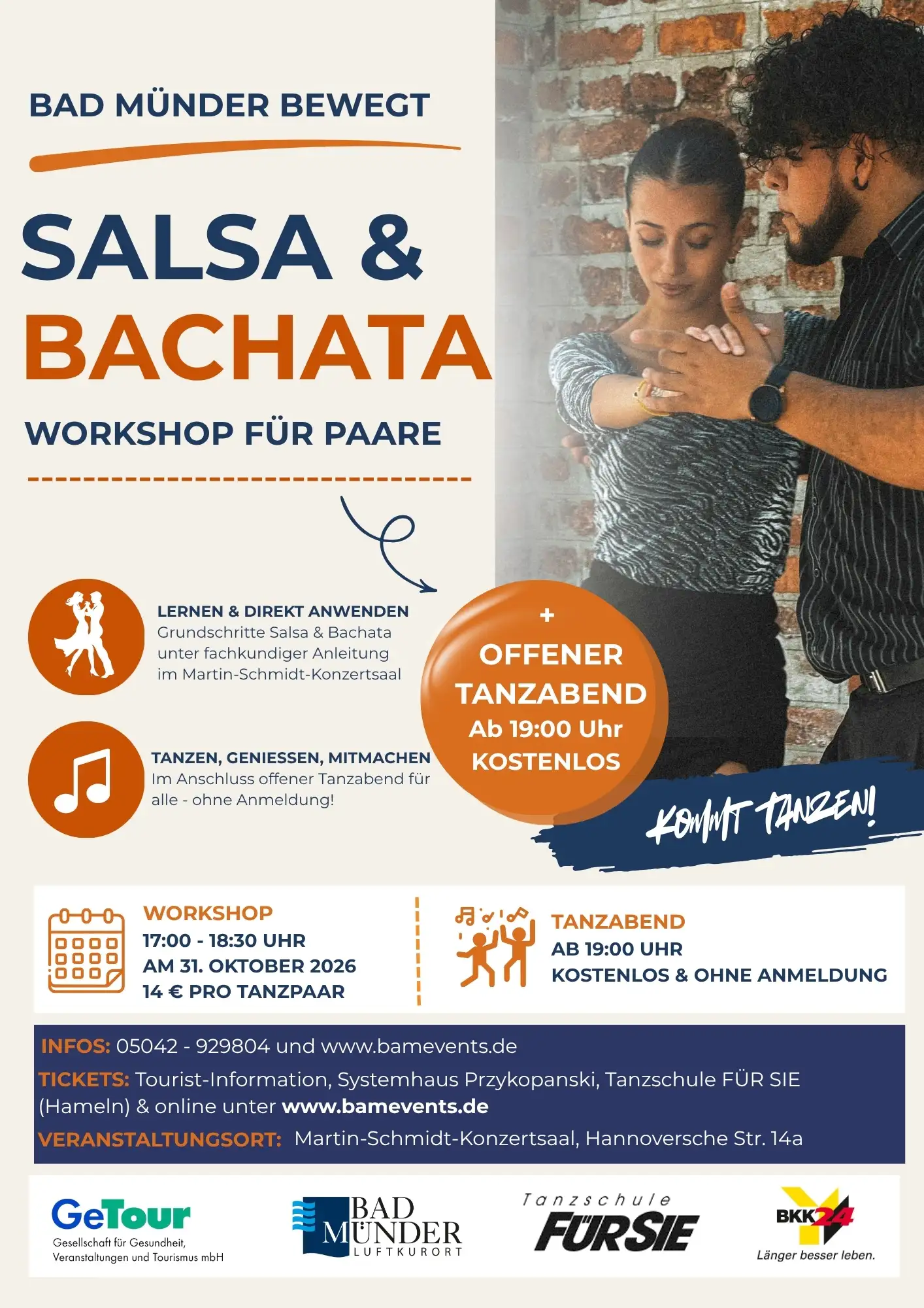 Flyer mit Ankündigung eines Tanz-Workshops und offenen Tanzabends am 31.10.26, Thema Salsa und Bachata.