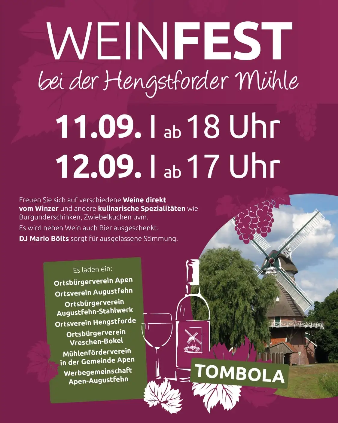 Weinfest an der Hengstforder Mühle in Apen mit Wein, Musik und Tombola