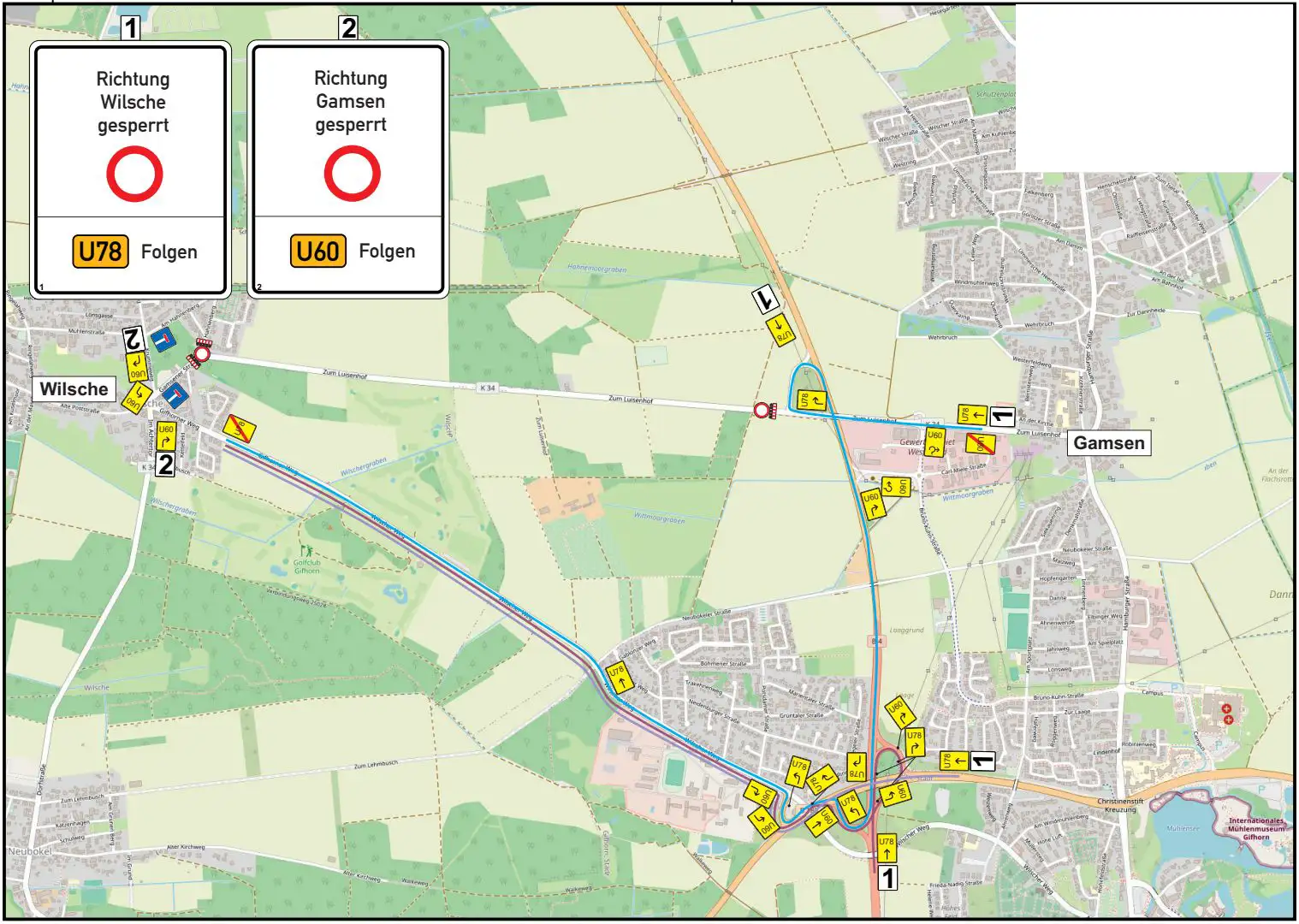 Übersichtskarte mit Umleitungsrouten und Straßennamen im Bereich Wilsche für das Baugebiet „Berghop Ost II“.