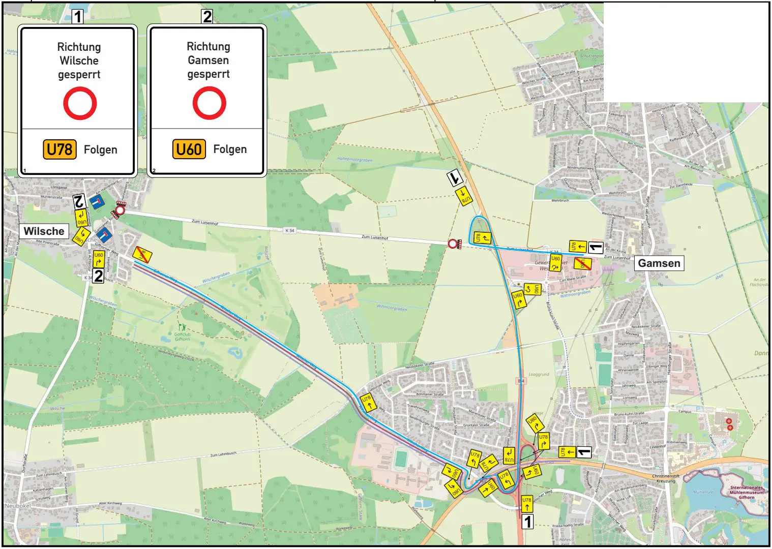 Übersichtskarte mit Umleitungsrouten und Straßennamen im Bereich Wilsche für das Baugebiet „Berghop Ost II“.