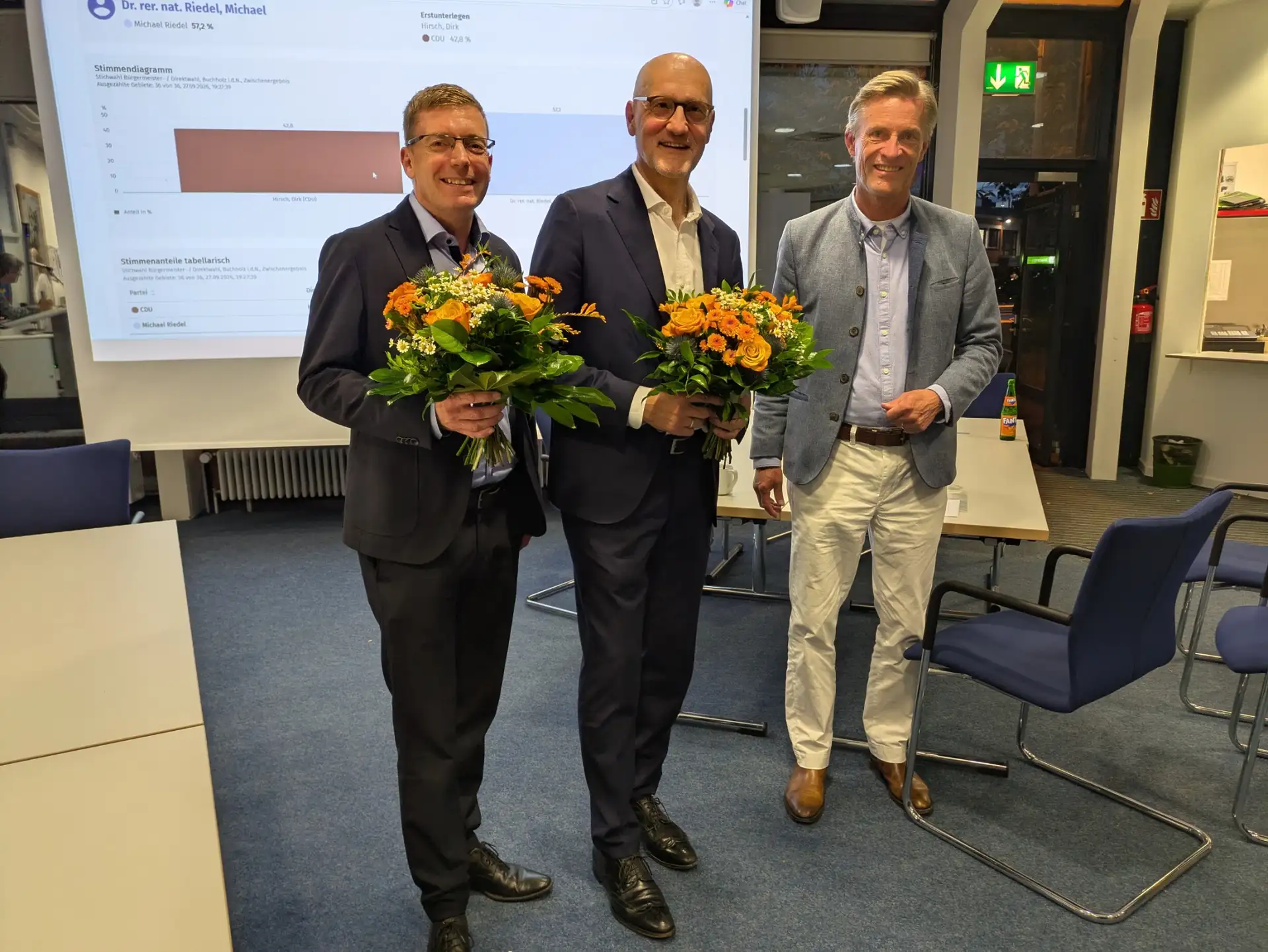 Drei Männer bei der Übergabe von Blumen, von links sind Dirk Hirsch, Michael Riedel und Jan-Hendrik Röhse zu sehen.