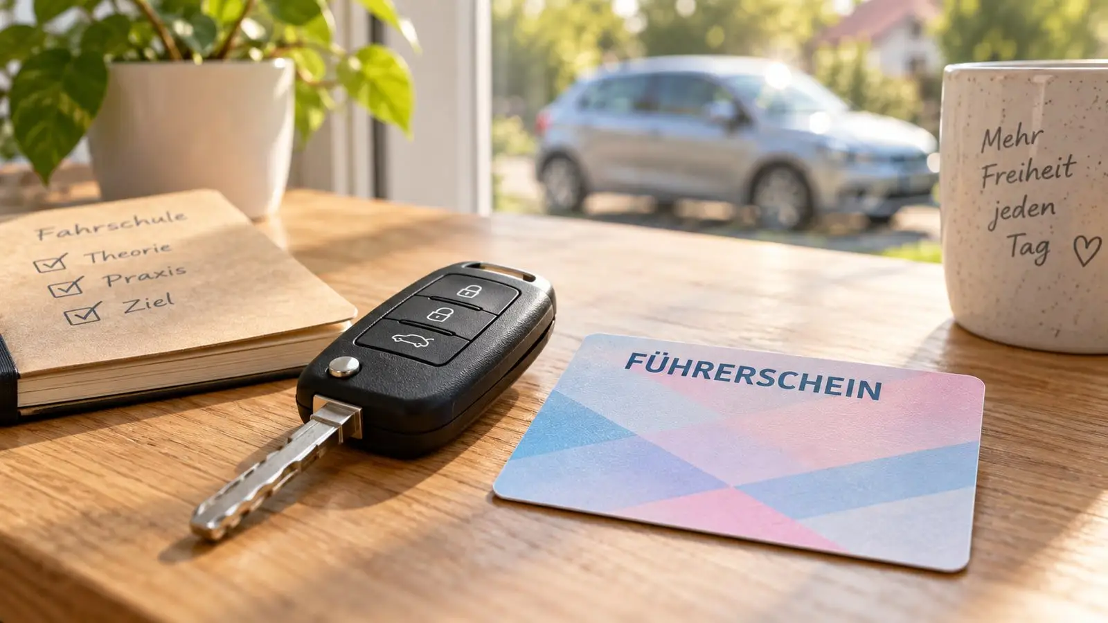 Symbolische Führerscheinkarte und Autoschlüssel auf einem sonnigen Holztisch; ein Auto steht unscharf im Hintergrund.