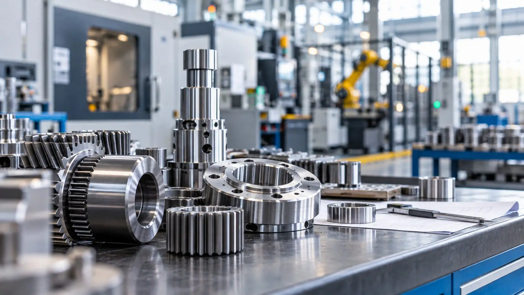 Metallteile auf einer Werkbank in einer fiktiven Industriehalle.