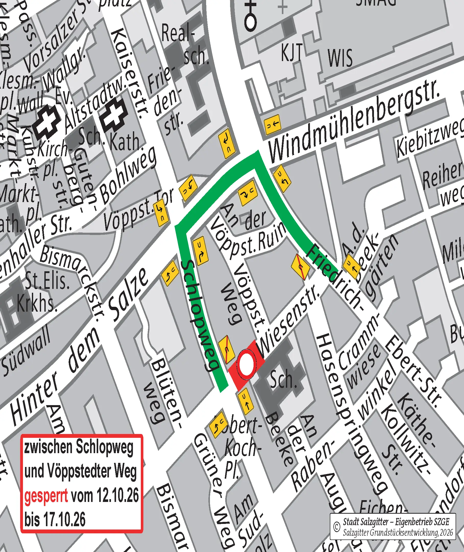 Übersichtsgrafik mit Umleitung der Verkehrsteilnahme für die gesperrte Wiesenstraße in Salzgitter-Bad.